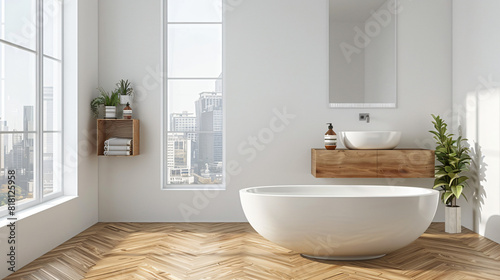 Stylish bathroom interior with parquet floor window