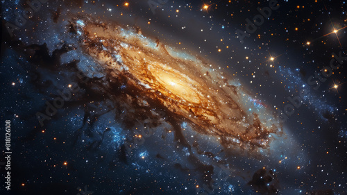 Spiral galaxy in the vast outer space with numerous stars.