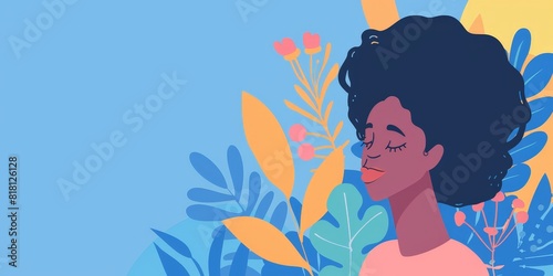 The illustration shows a black woman with her eyes closed and a serene expression on her face