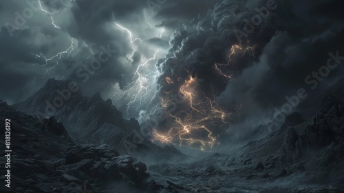 The ashen clouds light up with bolts of molten lightning a terrifying sight in an already ominous landscape. photo