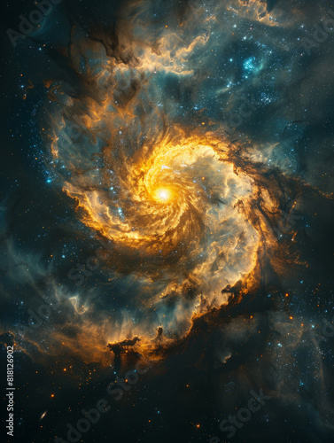 Glowing nebula in deep space with swirling patterns and stars. © SashaMagic