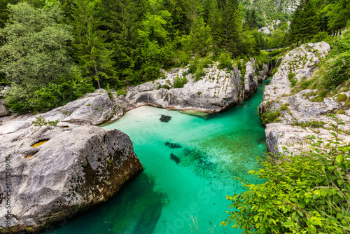 Amazing Soca river gorge in Slovenian Alps. Great Soca Gorge  Velika korita Soce   Triglav National park  Slovenia. Great canyon of Soca river  Bovec  Slovenia. Soca Gorge in Triglav National Park.