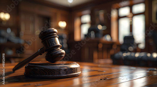 Wooden Gavel on Courthouse Table in a Sunlight-Filled Courtroom 