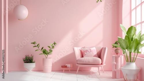 A colorful room with a yellow chair and a pink plant