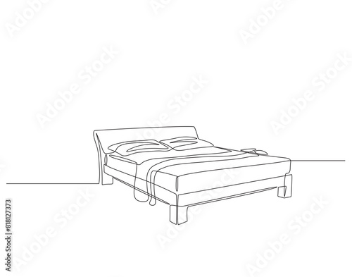 Continuous one line drawing of double bed with pillows. One line drawing illustration of bed. Interior of bedroom concept continuous line art. Editable outline.