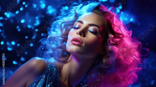 High Fashion Model with Metallic Silver Lips in Colorful Lighting with Bokeh Background