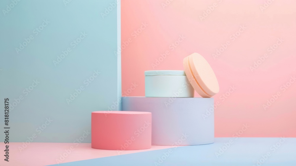 A set of three boxes are arranged on a pink and blue background A set of three boxes are arranged on a pink and blue background