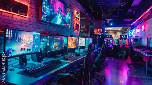 A gaming room filled with many computers and neon lights, creating a vibrant and high-tech atmosphere for gamers.