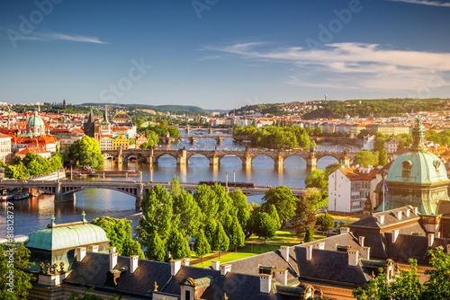 Prague View of the Vltava River and the bridges shined with the sunset sun, Prague, the Czech Republic photo