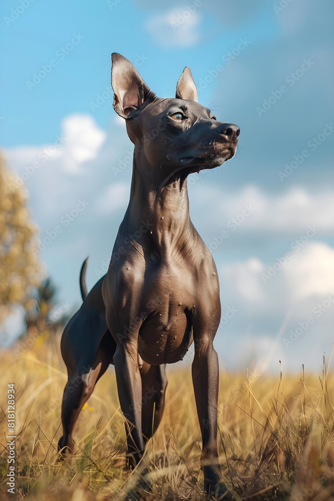 Graceful Xolo Dog Standing in Sunlit Field Under a Cloudy Sky
