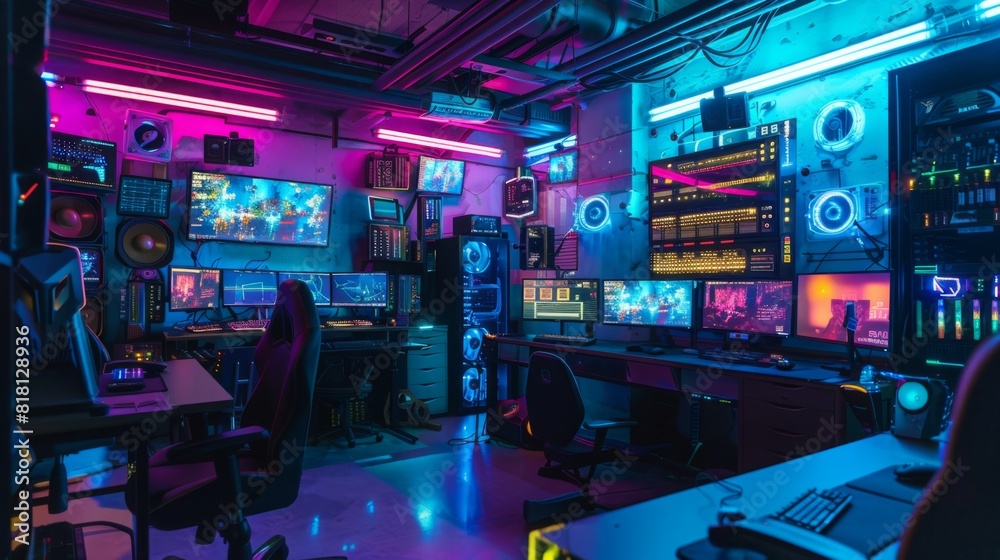 A brightly lit gaming room filled with rows of computers and monitors, showcasing a high-tech gaming setup for multiple players. A brightly lit gaming room filled with rows of computers and monitors, showcasing a high-tech gaming setup for multiple players.
