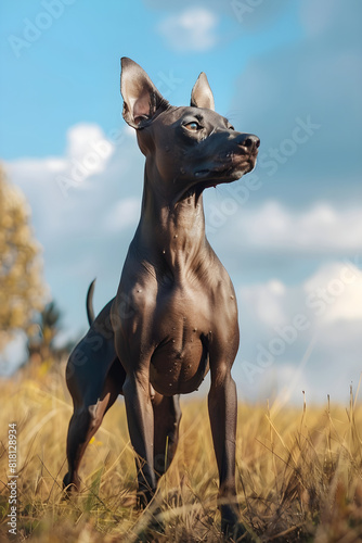 Graceful Xolo Dog Standing in Sunlit Field Under a Cloudy Sky © Minerva