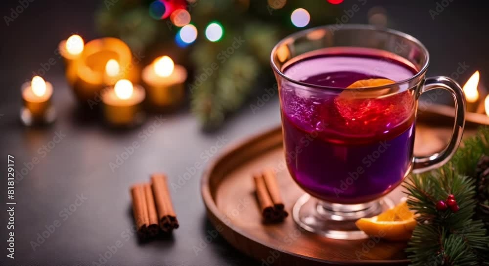glass of glühwein with spices and christmas decorations glass of glühwein with spices and christmas decorations