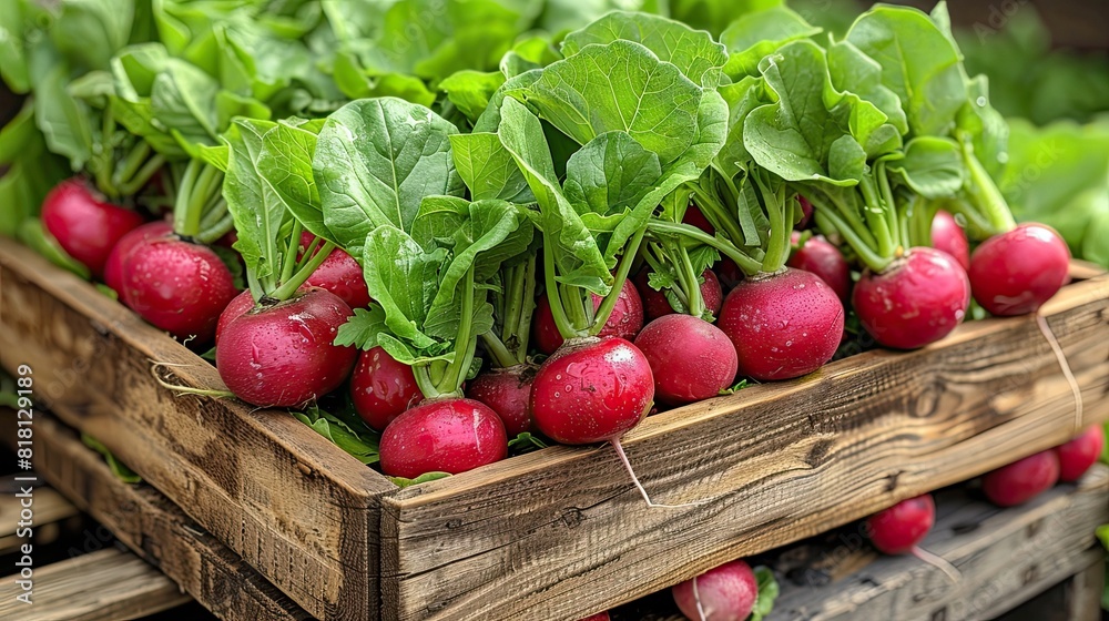 A close-up of freshly harvested radishes with their greens. A close-up of freshly harvested radishes with their greens.