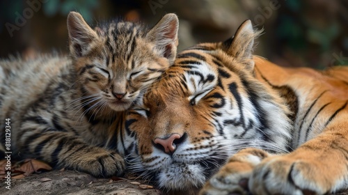 A tiger and a kitten are sleeping together