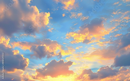Panoramic sky at sunset with vibrant clouds and golden hues.