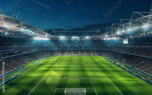 Panoramic view of a vibrant soccer stadium during a night match. photo