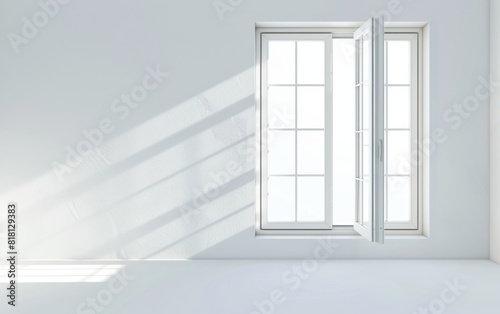 Partially open white window letting in sunlight and fresh air.