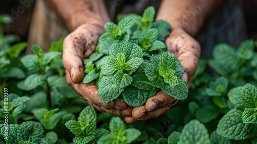 A farmer's hands holding a bundle of fresh mint leaves. photo