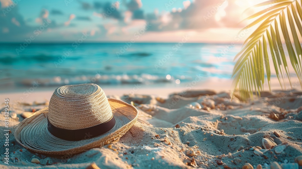 A straw hat is laying on the sand at the beach A straw hat is laying on the sand at the beach