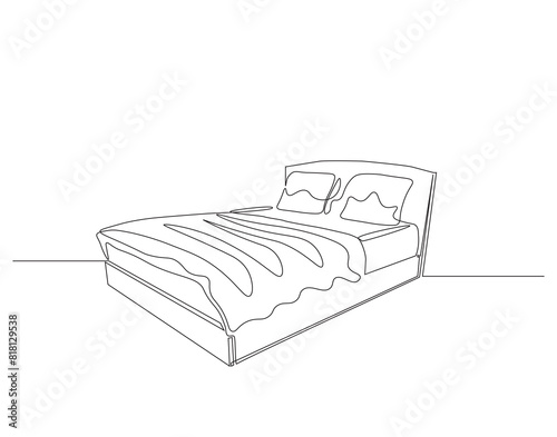 Continuous one line drawing of double bed with pillows. One line drawing illustration of bed. Interior of bedroom concept continuous line art. Editable outline.