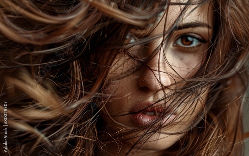 Portrait of a woman with tousled wavy hair covering her face.