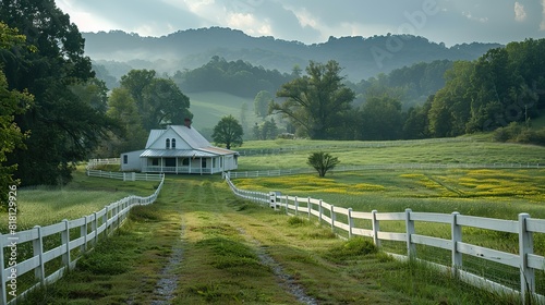 A picturesque farm with a white picket fence and green pastures.