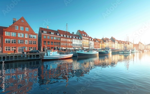 Red-brick waterfront buildings line a canal with boats under a clear blue sky.