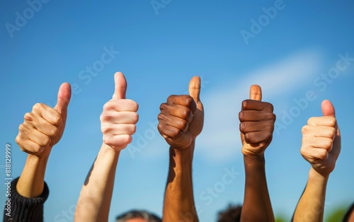 Raised fists and thumbs up of diverse individuals against a blue sky.