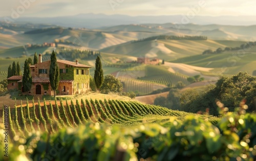 Rolling Tuscan hills with a scenic vineyard and a classic villa.