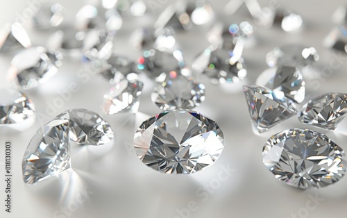 Scattered  sparkling  variously cut diamonds on a white background.