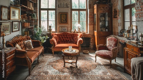 photograph of Vintage Aesthetic  An elegantly styled vintage living room with antique furniture and classic decor. The warm  nostalgic atmosphere captures the charm and elegance of a bygone era.