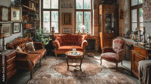 photograph of Vintage Aesthetic: An elegantly styled vintage living room with antique furniture and classic decor. The warm, nostalgic atmosphere captures the charm and elegance of a bygone era.