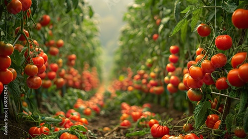 A field of bright red tomatoes growing on the vine.