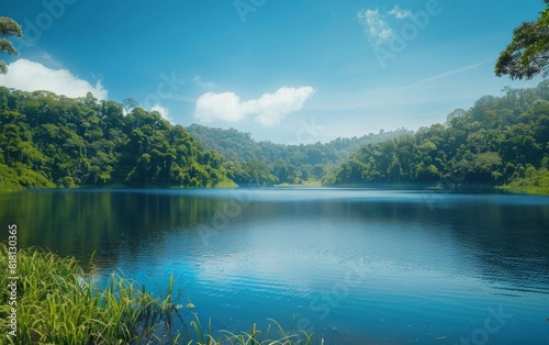 Serene lake surrounded by lush forests under a clear blue sky.