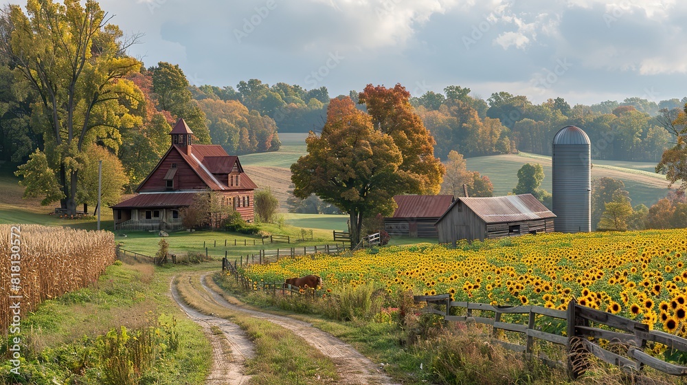 A picturesque landscape with a farmhouse, barn, and silo. A picturesque landscape with a farmhouse, barn, and silo.