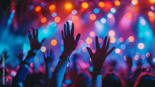 Crowd of people raising their hands at a concert with colorful stage lights in the background