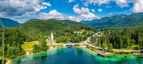 Obraz na płótnie Aerial view of Bohinj lake in Julian Alps. Popular touristic destination in Slovenia. Bohinj Lake, Church of St John the Baptist. Triglav National Park, Julian Alps, Slovenia. w salonie