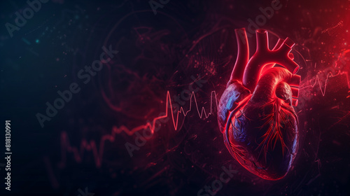 3D illustration of a human heart with blue digital red and blue cardiac pulse line. on a black background with copy space. Heart health, cardiology, cardiovascular disease concept