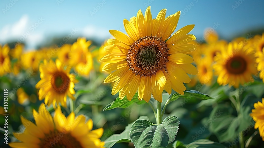 A field of bright yellow sunflowers under a clear blue sky.