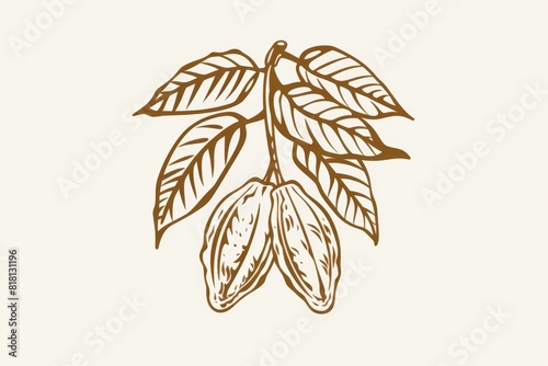 Line art cocoa branch logo, chocolate beans drawing, cocoa fruits, plant doodle icon, painting, twig photo