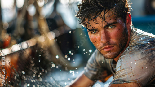 Young man covered in dirt and water on a fishing boat. © SashaMagic