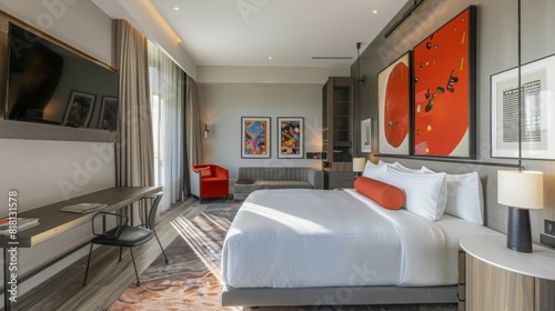 A stylish hotel room featuring contemporary art, a kingsize bed, a desk, and a seating area, bathed in natural daylight photo