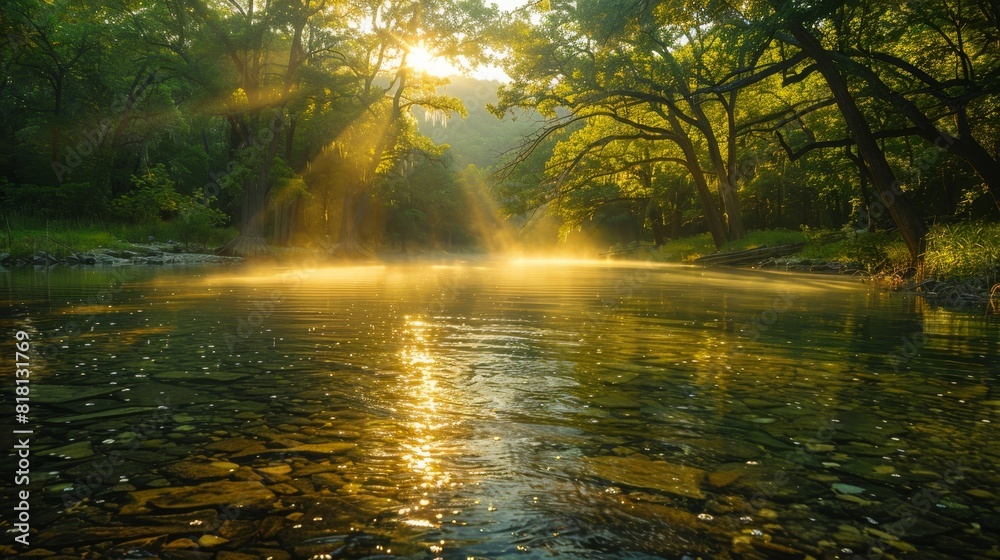 A river with a sun shining on it A river with a sun shining on it