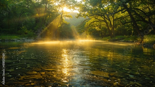 A river with a sun shining on it