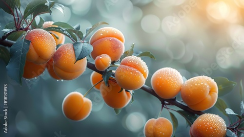 A close-up of ripe apricots on a tree branch. photo