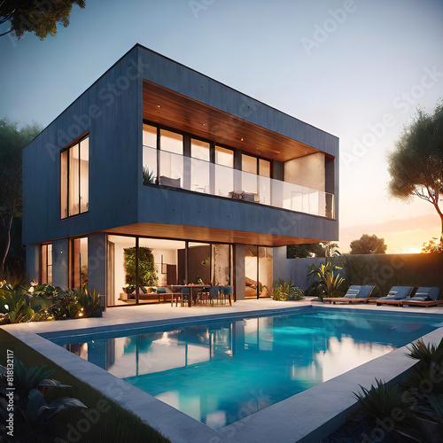exterior design, beautiful 2-storey house, modern architectural style, high-quality exterior design, swimming pool, vegetation, concrete, © Perecciv