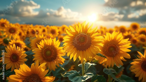 A field of bright yellow sunflowers against a blue sky.