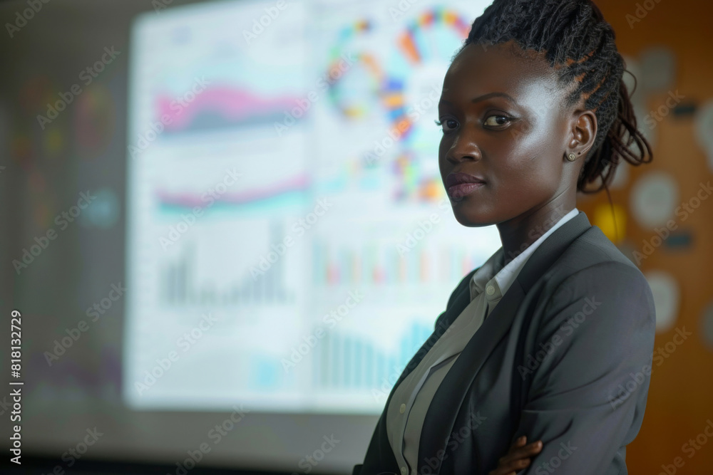 Fototapeta premium Professional businesswoman confidently presenting analytical data with charts and graphs in a corporate meeting room setting