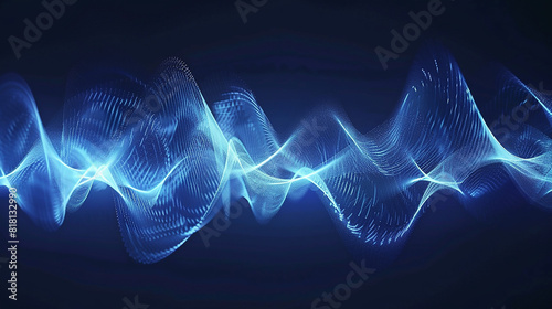 A series of blue light waves move in a synchronized pattern, creating a mesmerizing display of movement and energy. The waves are surrounded by a dark blue background,